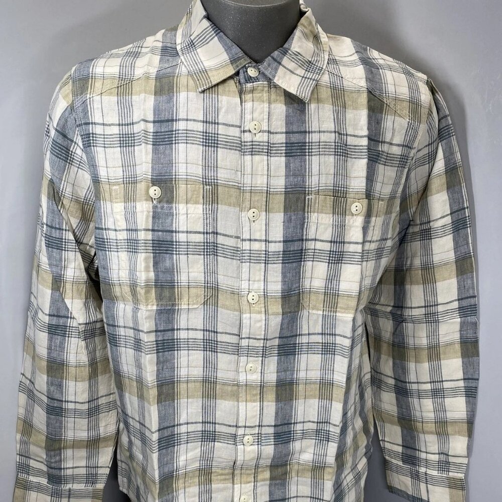 NEW FLINT AND TINDER Men’s Crossback Linen Workshirt Ivory Plaid Size XL